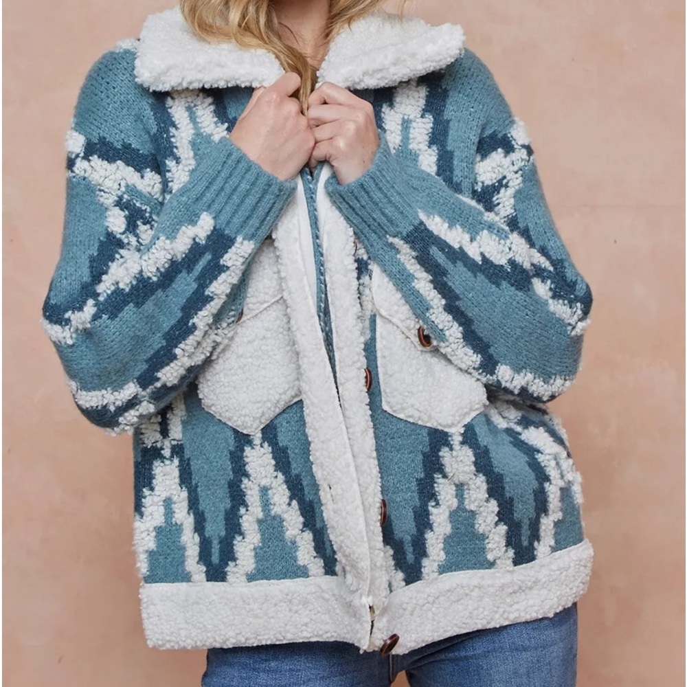 #5 LAST 1! Blue cream Tribal Aztec Bohemian Sherpa button relaxed jacket sweater - Picture 4 of 10